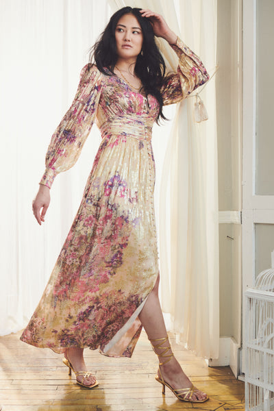 Sabi V-Neck Long Dress - Pine Green Fuchsia