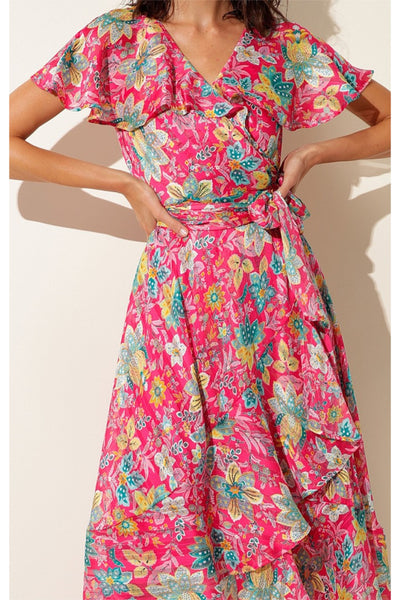Pomegranate Breeze Midi Wrap Dress - Hot Pink Floral