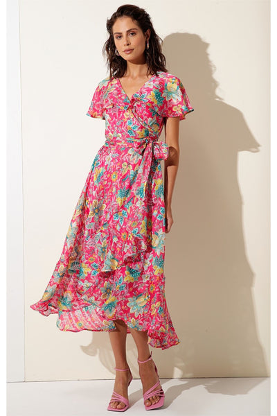 Pomegranate Breeze Midi Wrap Dress - Hot Pink Floral