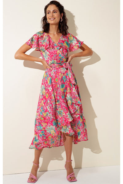 Pomegranate Breeze Midi Wrap Dress - Hot Pink Floral