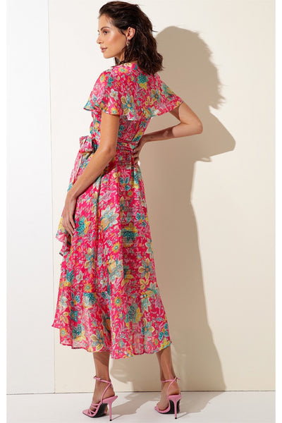 Pomegranate Breeze Midi Wrap Dress - Hot Pink Floral