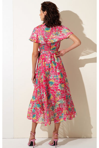 Pomegranate Breeze Midi Wrap Dress - Hot Pink Floral