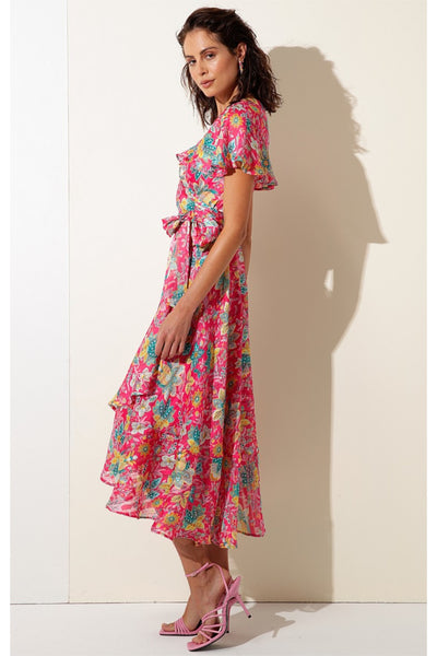 Pomegranate Breeze Midi Wrap Dress - Hot Pink Floral