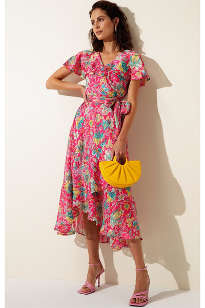 Pomegranate Breeze Midi Wrap Dress - Hot Pink Floral