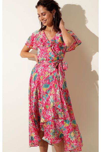 Pomegranate Breeze Midi Wrap Dress - Hot Pink Floral