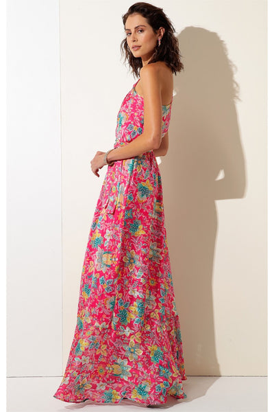 Rosewater Lemonade Removable Cape Maxi Dress - Hot Pink Floral