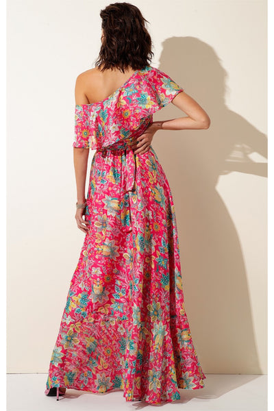 Rosewater Lemonade Removable Cape Maxi Dress - Hot Pink Floral