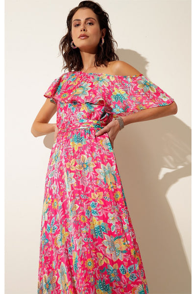 Rosewater Lemonade Removable Cape Maxi Dress - Hot Pink Floral