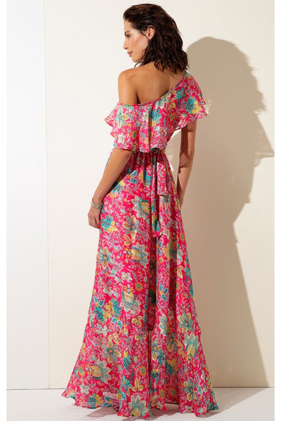 Rosewater Lemonade Removable Cape Maxi Dress - Hot Pink Floral