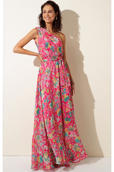 Rosewater Lemonade Removable Cape Maxi Dress - Hot Pink Floral