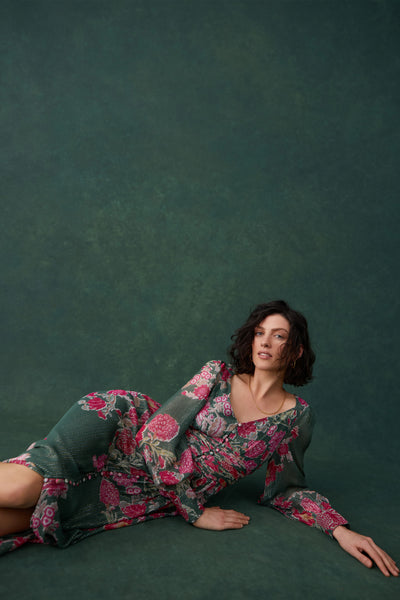 Sabi V-Neck Long Dress - Pine Green Fuchsia