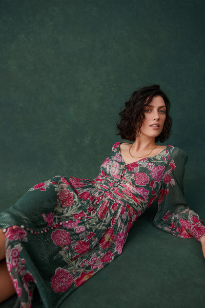 Sabi V-Neck Long Dress - Pine Green Fuchsia