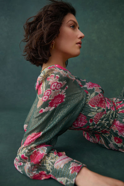 Sabi V-Neck Long Dress - Pine Green Fuchsia