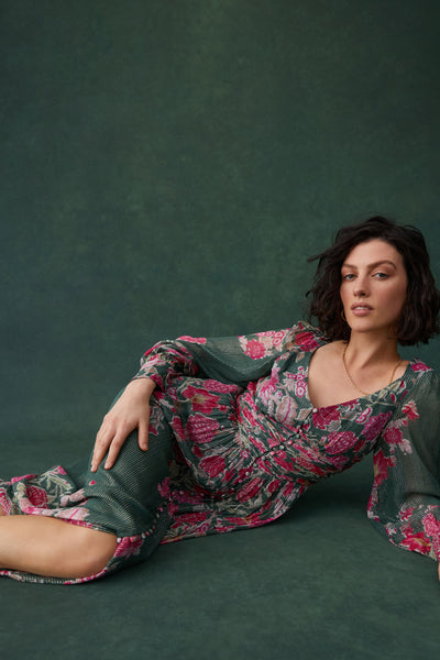 Sabi V-Neck Long Dress - Pine Green Fuchsia