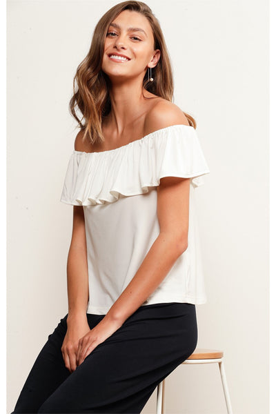 Buy Sacha Drake Classic Off the Shoulder Frill Top in White Stretch Jersey online. Basic Frill Top Ivory.