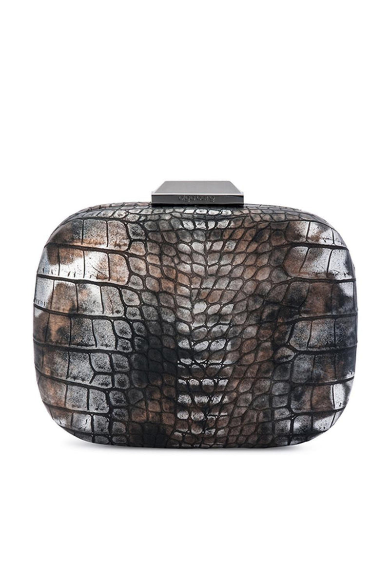 OLGA BERG Rosa Metallic Snake Skin Clutch Gunmetal Smoke & Mirrors