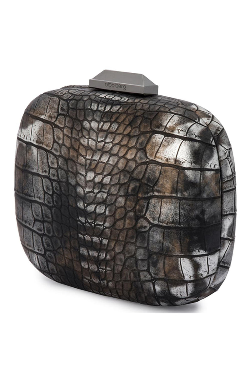 OLGA BERG Rosa Metallic Snake Skin Clutch Gunmetal Smoke & Mirrors