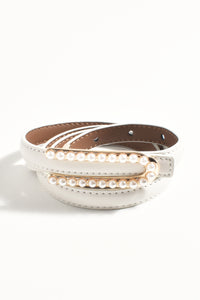 Pearl Buckle Thin Belt - Cream