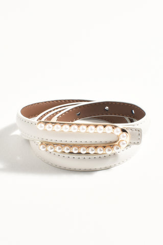 Pearl Buckle Thin Belt - Cream