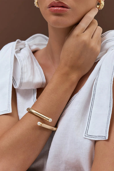 Hinged Pearl End Event Bangle- Gold