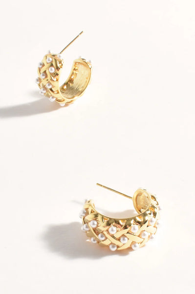 Woven Pearl Hoop Earrings - Gold