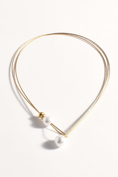 Fine Metallic Cord Faux Pearl Necklace - Gold