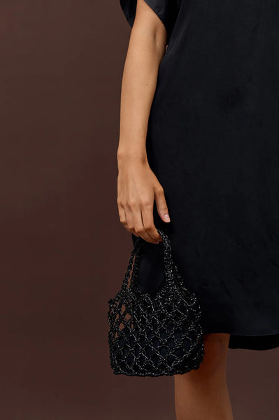 Indy Metallic Weave Mini Basket Bag- Black