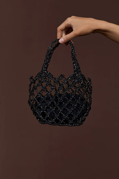 Indy Metallic Weave Mini Basket Bag- Black