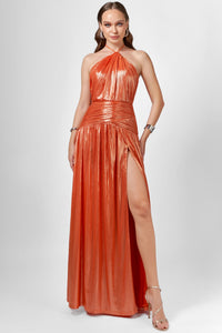 Aisha Ruched High Neck Gown - Orange