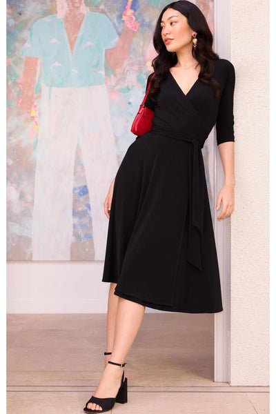 3/4 Sleeve Reverse Wrap Midi Dress - Black SIZE 10 ONLY