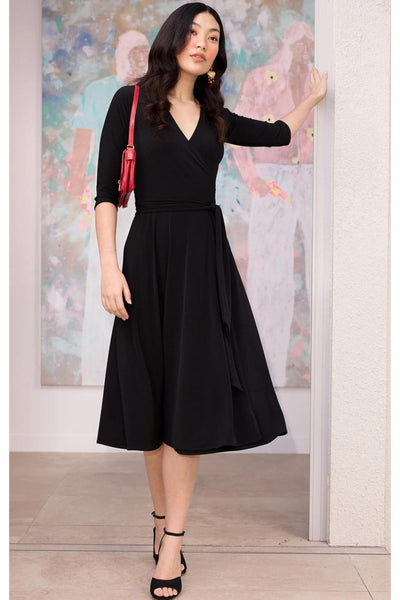 3/4 Sleeve Reverse Wrap Midi Dress - Black SIZE 10 ONLY