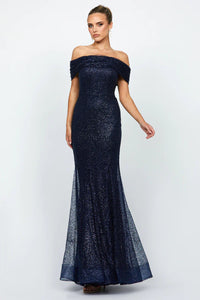 Alianna Off Shoulder Glitter Gown - Navy