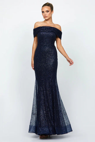 Alianna Off Shoulder Glitter Gown - Navy