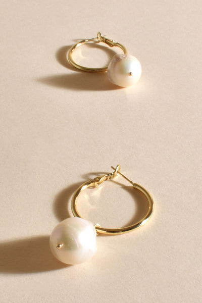 Baroque Pearl Drop Hoop Earrings - Gold