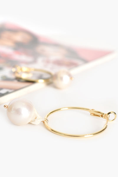 Baroque Pearl Drop Hoop Earrings - Gold