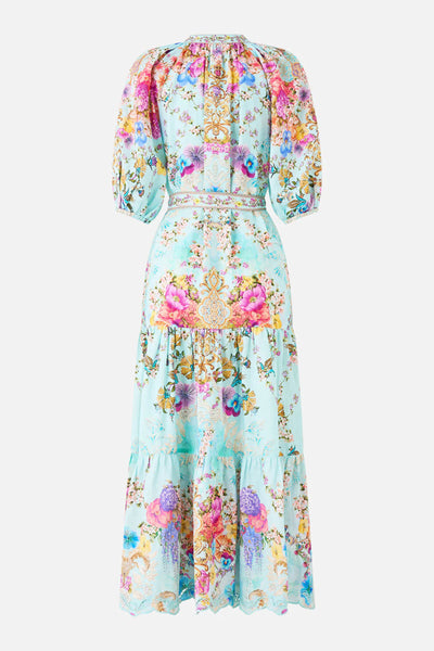 Bazaar Blooms Puff Sleeve Midi Shirt Dress With Tie