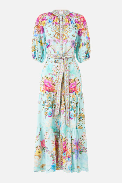 Bazaar Blooms Puff Sleeve Midi Shirt Dress With Tie