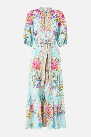 Bazaar Blooms Puff Sleeve Midi Shirt Dress With Tie