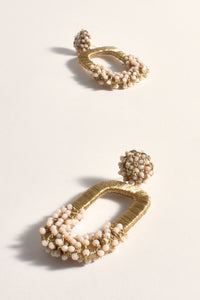 Bead Detail Oval Drop Earrings - Cream Gold