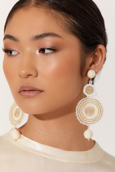 Beaded Circles Statement Earrings - Cream