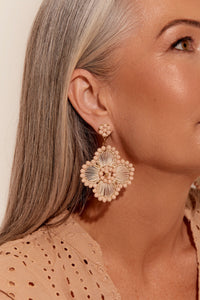 Beaded Edge Flower Earrings - Cream White