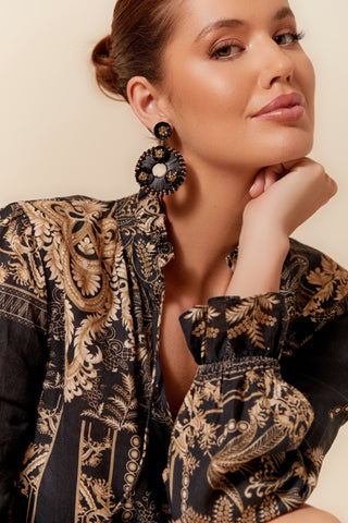 Beaded Edge Ring Drop Earrings - Black Gold
