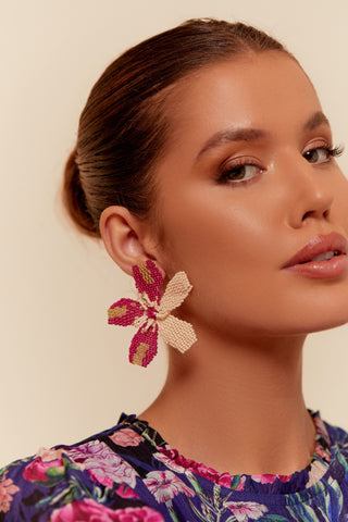 Beaded Flower Event Earrings - Magenta Nude