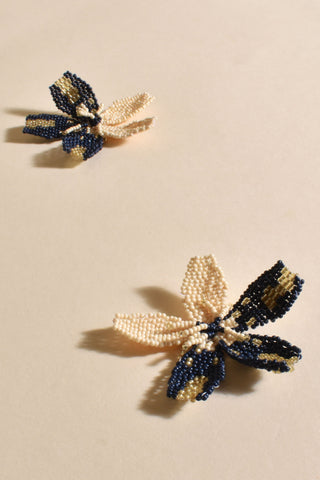Beaded Flower Event Earrings - Navy Nude