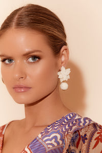 Beaded Flower and Ball Earrings - Cream