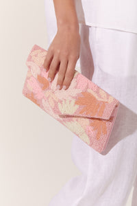 Beaded Leaf Pattern Flap Over Clutch - Pink Multi