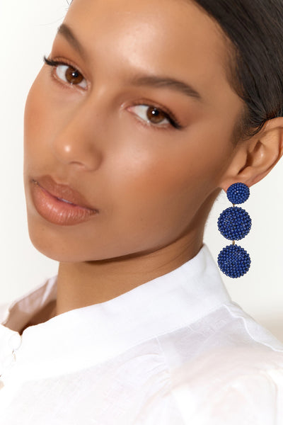 Beaded Trio Ball Drop Earrings - Navy