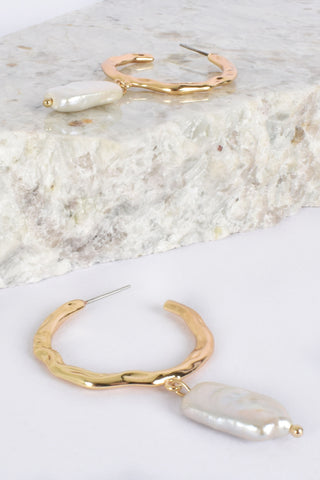 Beaten Metal Pearl Drop Hoops - Gold