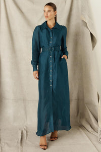Blue Silk Linen Maxi Shirt Dress - Sailor Blue