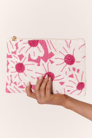 Bold Beaded Floral Clutch - Pink